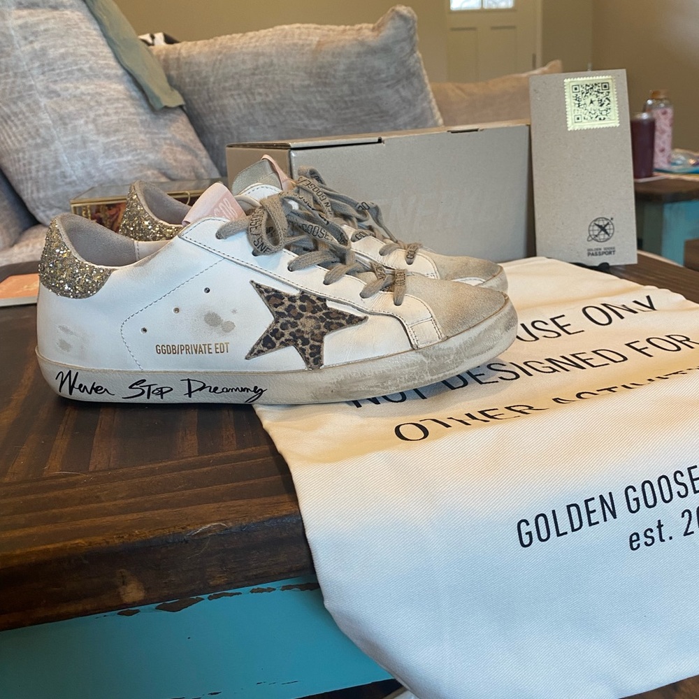 Golden Goose Superstar “Never Stop Dreaming” Cheetah Star Glitter Heel